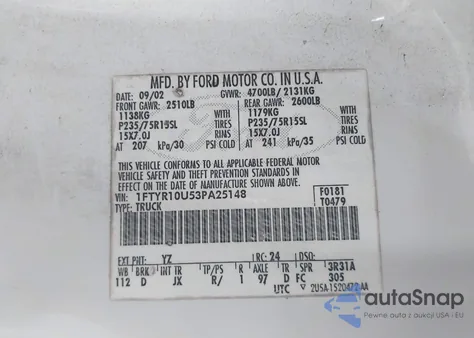 2003 Ford Ranger Edge/Xl/Xlt z USA, uszkodzony, nr VIN 1FTYR10U53PA25148